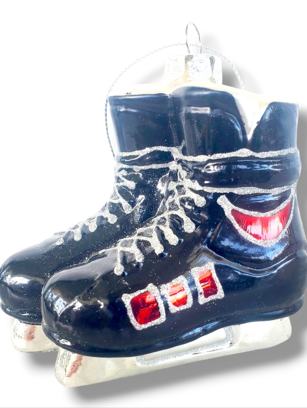 Hockey Skates Glass Ornament Black Red Old World Christmas hand blown glass